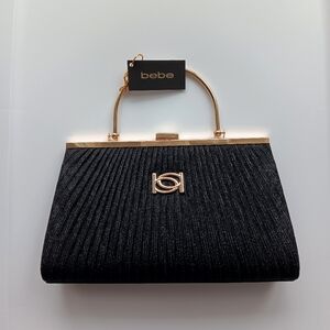 NEW bebe Formal Evening Bag Black Metallic Gold Pleated Snap Closure Clutch Gift